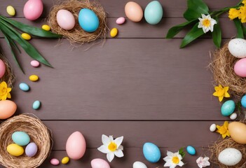 Top view of dark wooden background with decorated eggs, nest and chamomiles. Flat lay. Copy space. Concept of Easter and spring season holiday. Generative Ai