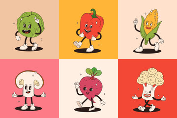 Obraz premium Funny vegetables retro cartoon characters sticker set. Modern label with cute comics characters. Hand drawn doodles of comic mascot. Set in modern cartoon style. 70s retro vibes.