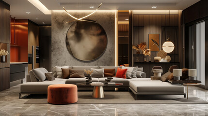 3D interior design for a drawing room, incorporating sleek furniture