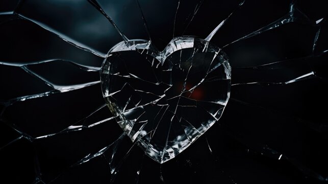 A broken glass window with a heart design. This image can be used to symbolize love and loss or as a representation of a broken heart.