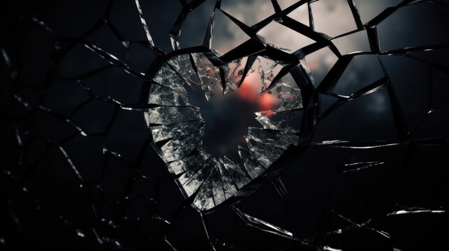 A broken mirror with a red ball inside. Can be used to symbolize shattered dreams or a lost opportunity