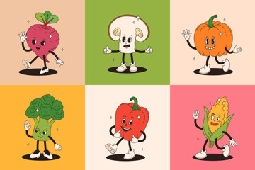 Funny vegetables retro cartoon characters sticker set. Modern label with cute comics characters. Hand drawn doodles of comic mascot. Set in modern cartoon style. 70s retro vibes.