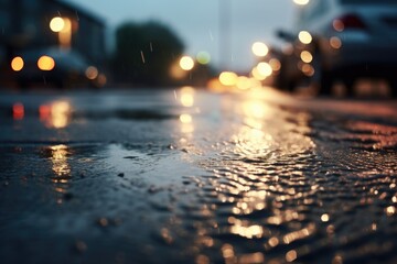 A rainy night scene with a wet street, illuminated by the reflections of streetlights. This image can be used to depict urban life, cityscape, or rainy weather