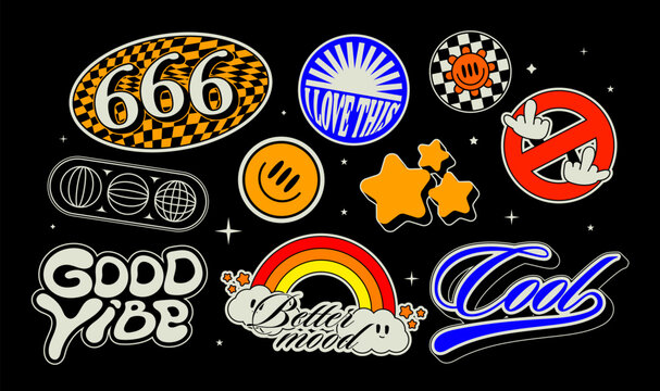 Abstract typographic retro stickers. Vintage acid labels, 90s style Vector set