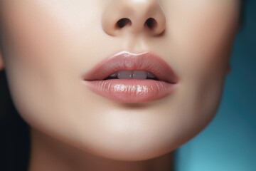 Close-up shot of a woman's lips against a vibrant blue background. Perfect for beauty, fashion, and cosmetic concepts