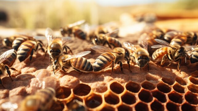 Bees sitting on top of a honeycomb, ready to produce honey. This image can be used to illustrate beekeeping, honey production, or the importance of bees in pollination
