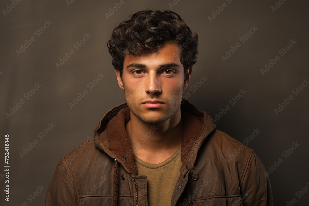 Poster A man wearing a brown jacket is posing for a picture. This versatile image can be used in various contexts