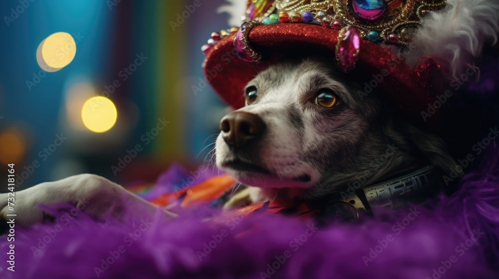 Poster a picture of a dog wearing a hat adorned with feathers. this image can be used for various purposes