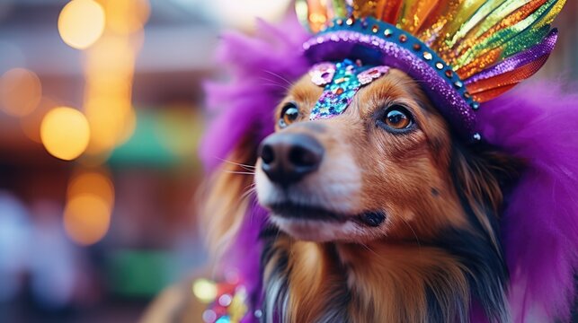 A dog wearing a purple feather headdress. Can be used for pet fashion, costume parties, or animal-themed events