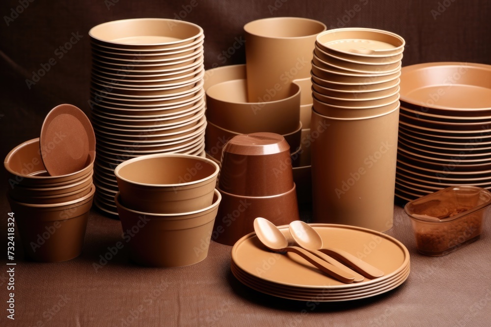 Poster a collection of plates and cups accompanied by spoons. suitable for various dining and catering purp