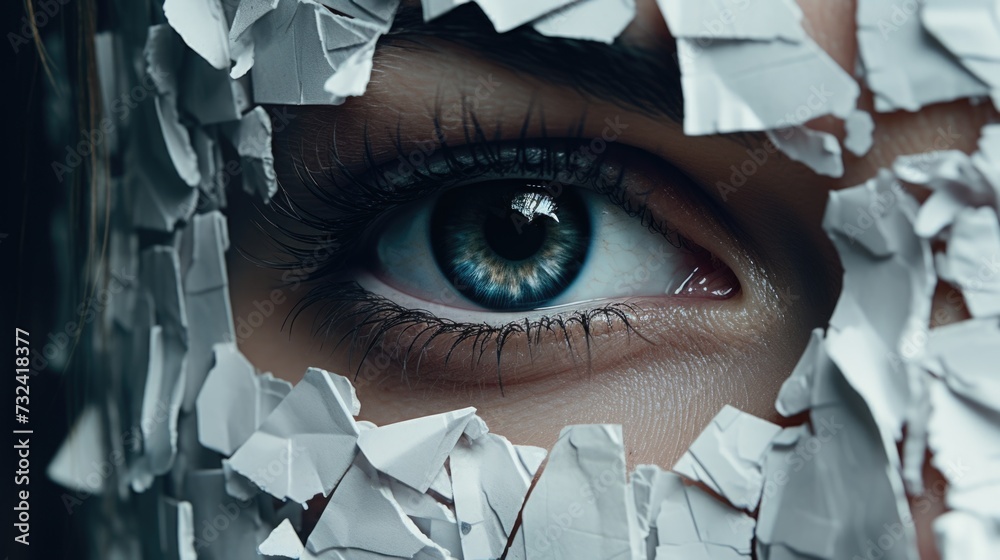Poster A close-up view of a person's eye with torn paper. This image can be used for various creative projects