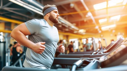 Exercising in a fitness club. An overweight middle-aged man runs on a treadmill in the gym.