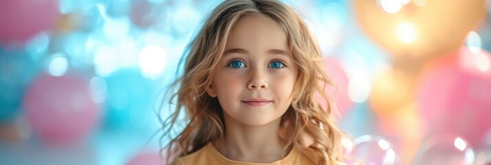 Obraz na płótnie Canvas Cute Smiling Kid Blue Pink Hair, Background Banner