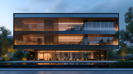 A modern office building with large glass windows and shutters. The lighting is warm and inviting.