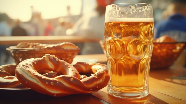 A glass of beer next to a plate of pretzels. Perfect for pub menus and beer-related designs