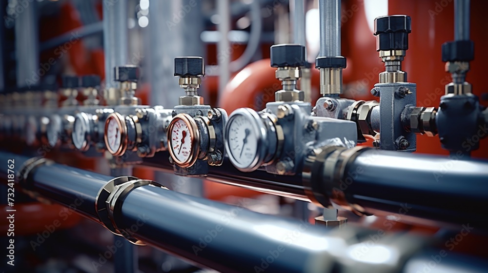 Poster a close-up view of a bunch of pipes with gauges. suitable for industrial or engineering concepts