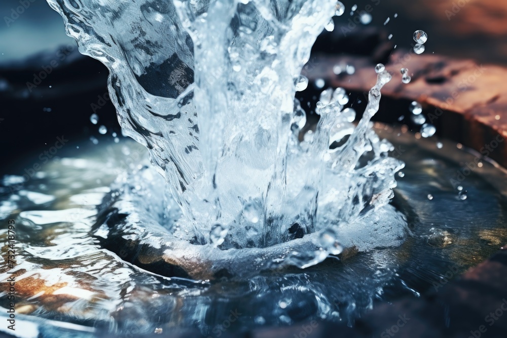 Poster A close-up view of a water fountain with water flowing out. Perfect for adding a refreshing touch to any design or project
