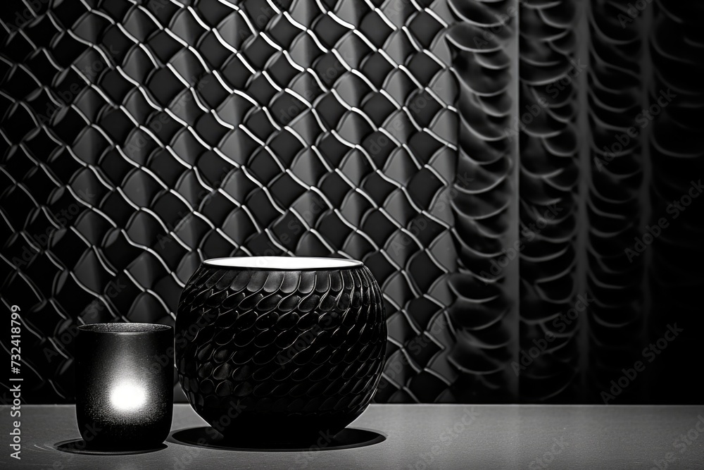 Poster a black and white photo featuring a vase and a candle. suitable for various design projects
