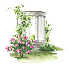Park architecture. Garden decorative Rotunda. Landscape design , Hand drawn watercolor  illustration  isolated on white background