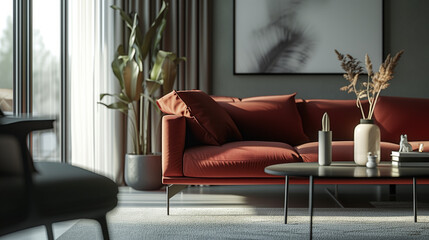 The beauty of minimalist elegance through red and green interiors featuring refined lines