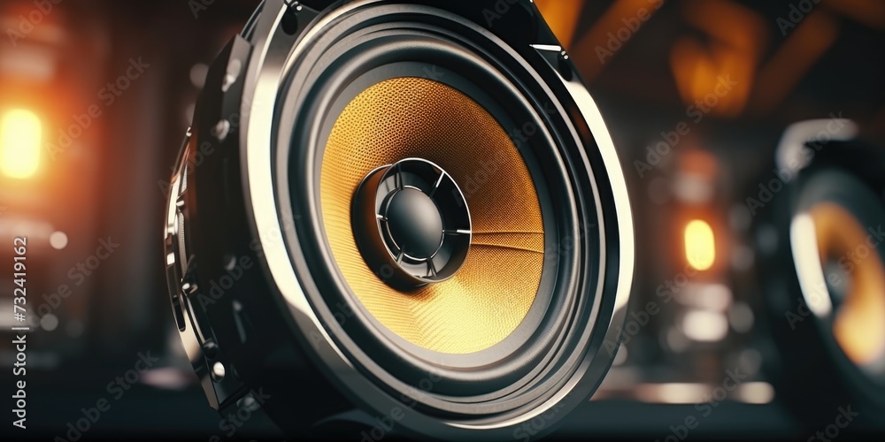Poster A detailed view of a speaker in a room. Ideal for illustrating sound systems or audio technology.