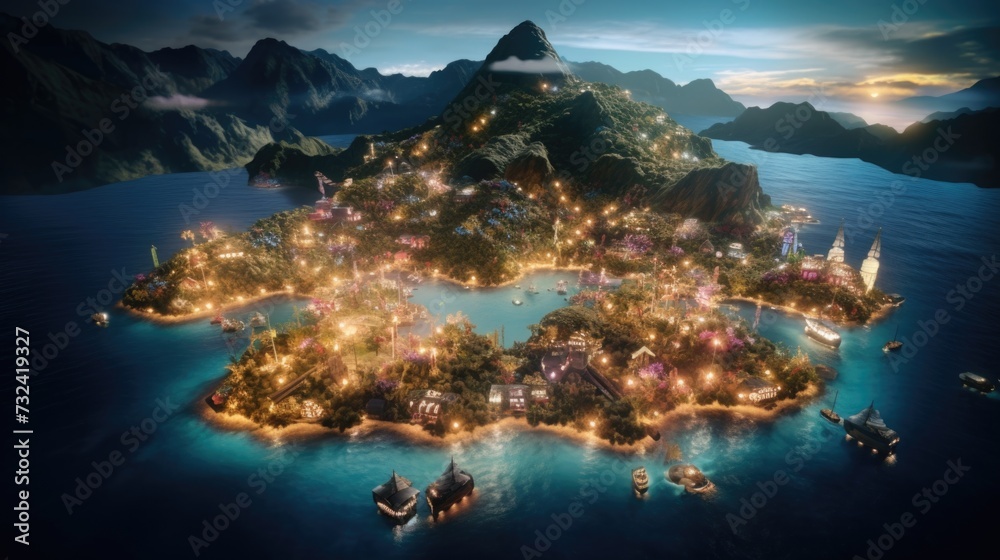 Poster a picture of a small island situated in the middle of a body of water. this image can be used to dep