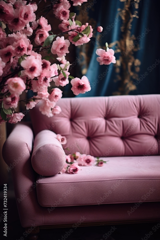 Poster a pink couch with pink flowers. perfect for adding a touch of femininity and elegance to any space