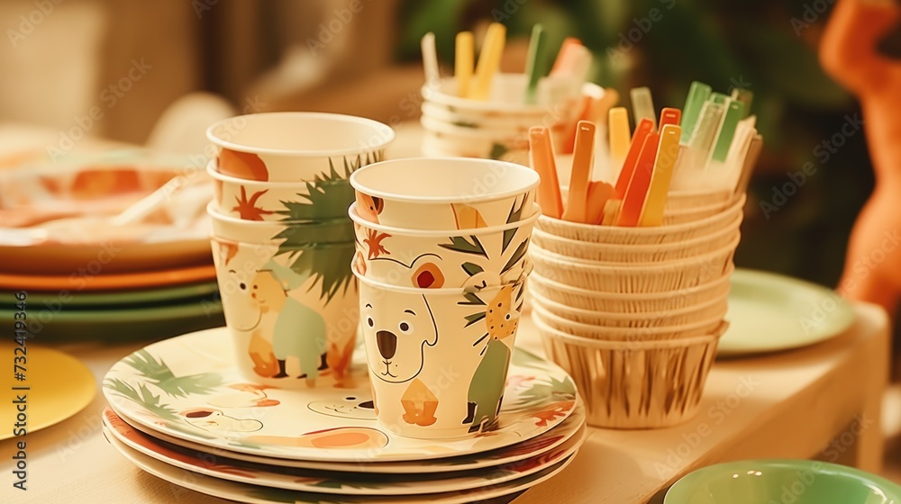 Poster a table with an assortment of plates and cups filled with delicious food. perfect for showcasing a v