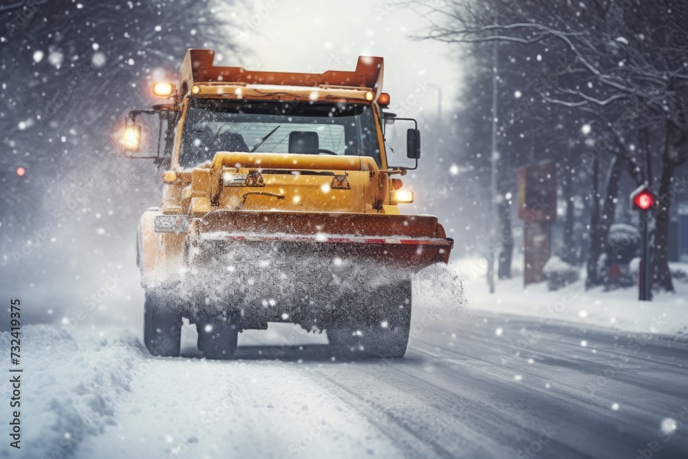 Wall mural A snow plow driving down a snow covered street. Perfect for winter weather and snow removal concepts