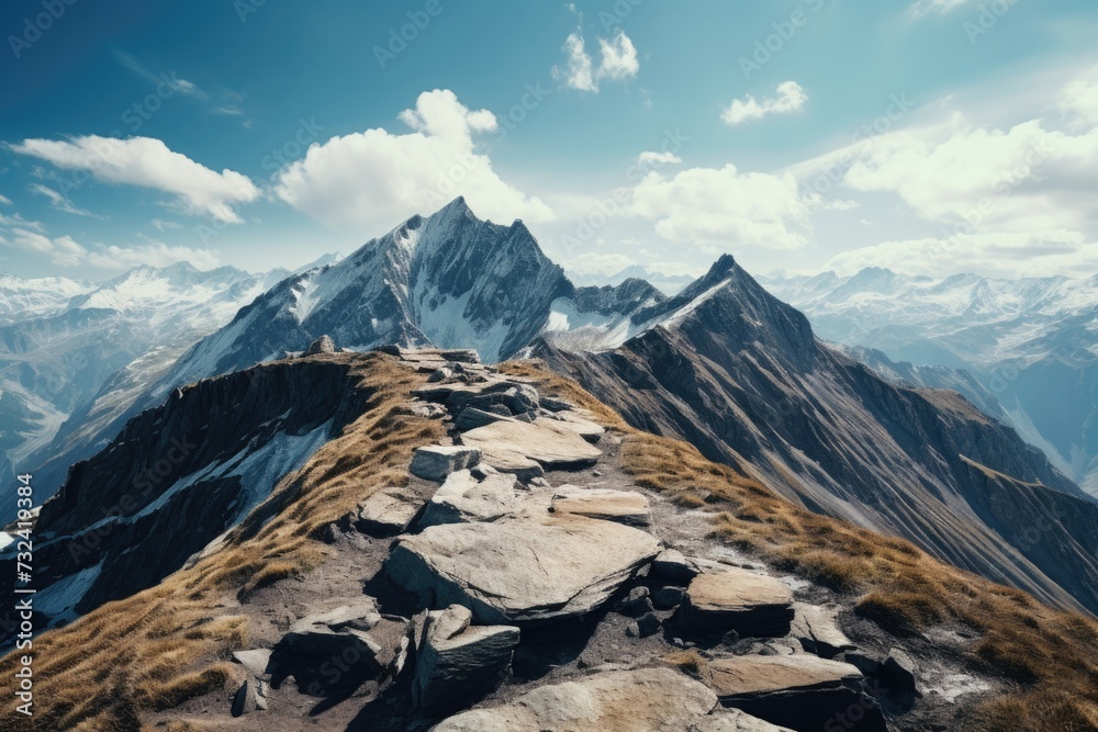 Poster a scenic view of a mountain range with rocks and lush green grass. perfect for nature enthusiasts an