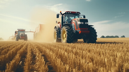 Fototapeta premium A tractor driving through a field of wheat. Suitable for agricultural, farming, or countryside themes