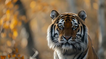 Majestic tiger portrait in autumn ambience. wildlife photography perfect for posters. close-up of tiger's face in natural setting. AI