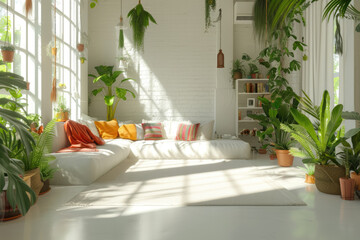 Light spacious living room with white and colorful interior, and many plants