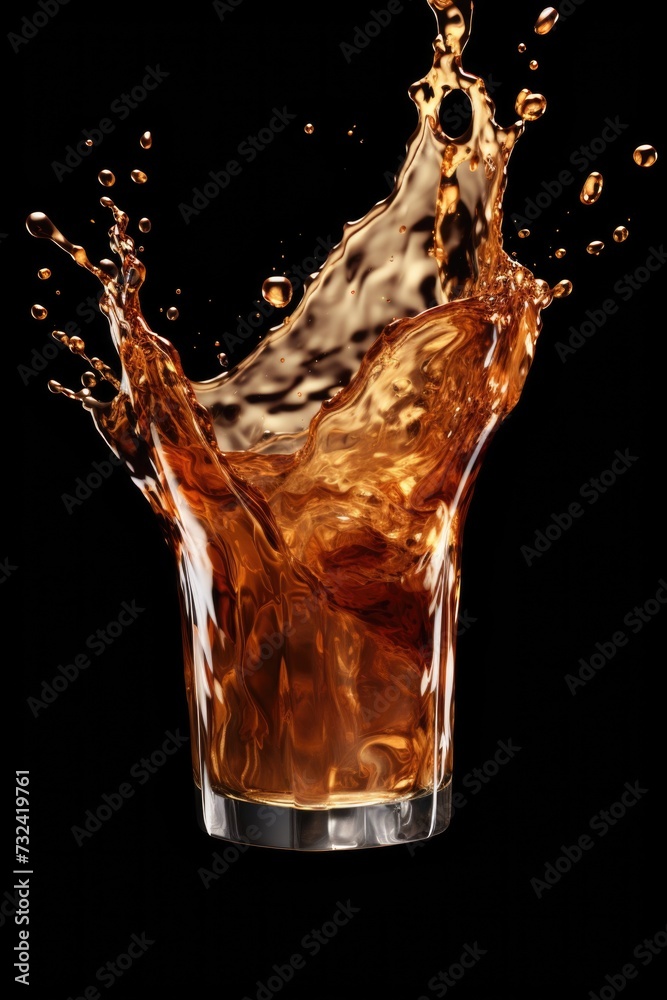 Poster A captivating image capturing a splash of liquid in a glass on a sleek black background. Perfect for adding a touch of elegance and intrigue to any project
