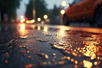 A red car drives down a rain-soaked street. Perfect for illustrating a rainy day or transportation concepts