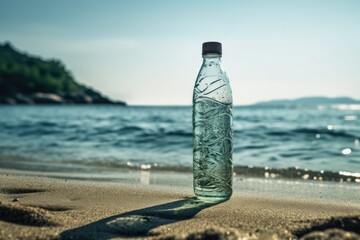 A bottle of water sitting on top of a sandy beach. Perfect for summer-themed designs and advertisements
