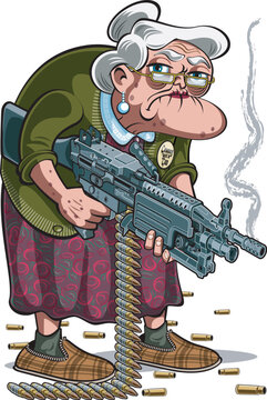 Cartoon style old grumpy woman hold light machine gun 