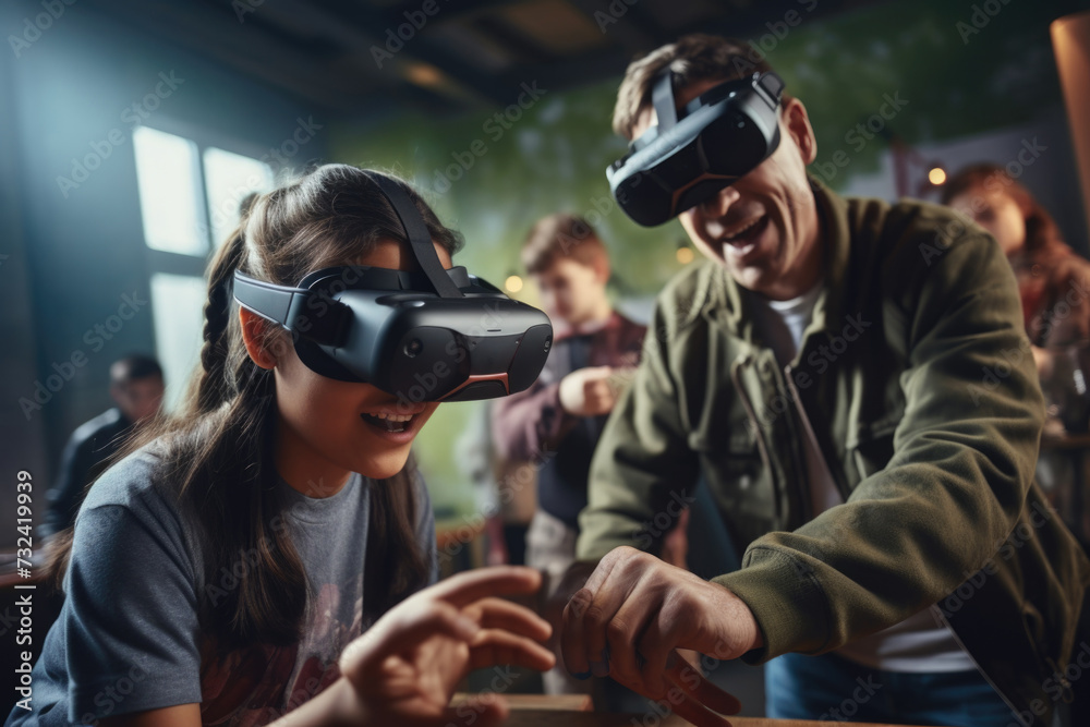 Poster a man and a young girl wearing virtual reality headsets. this image can be used to illustrate the co