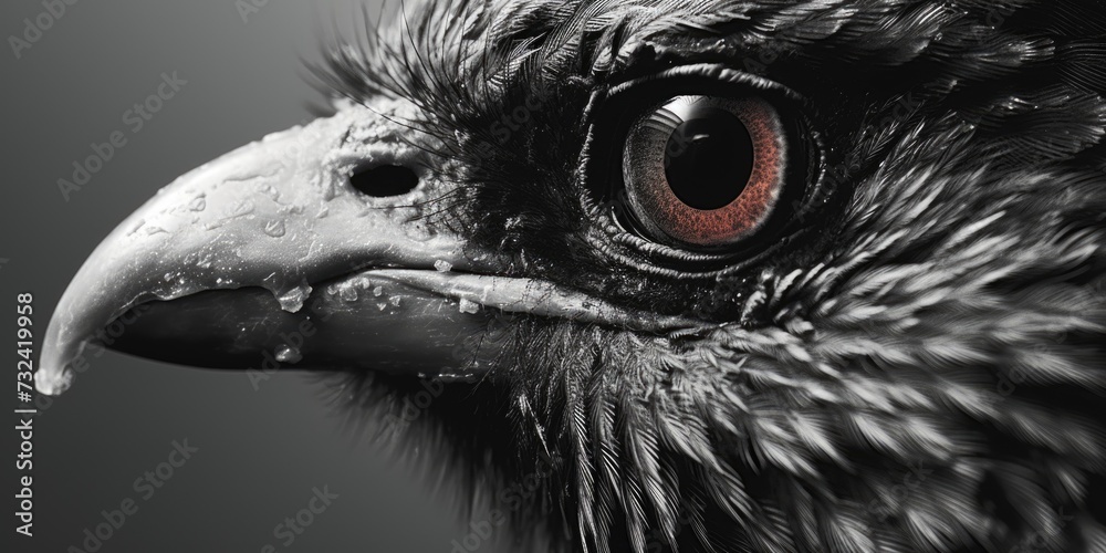 Poster a captivating black and white photo featuring a bird with striking red eyes. this image can add a to