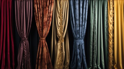 A collection of various colored curtains adorning a wall. Can be used to add a pop of color and texture to any interior design project