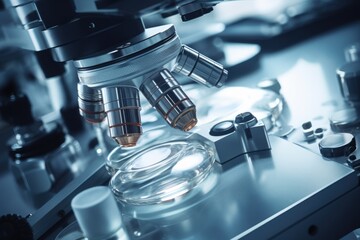 A close-up view of a microscope and various bottles on a table. Ideal for scientific research or laboratory concepts