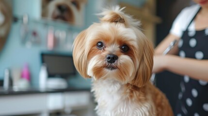 A well-groomed Shih Tzu dog looks at the camera during a grooming session