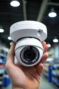 A person holding a camera in a store. This image can be used to depict photography, retail, or technology