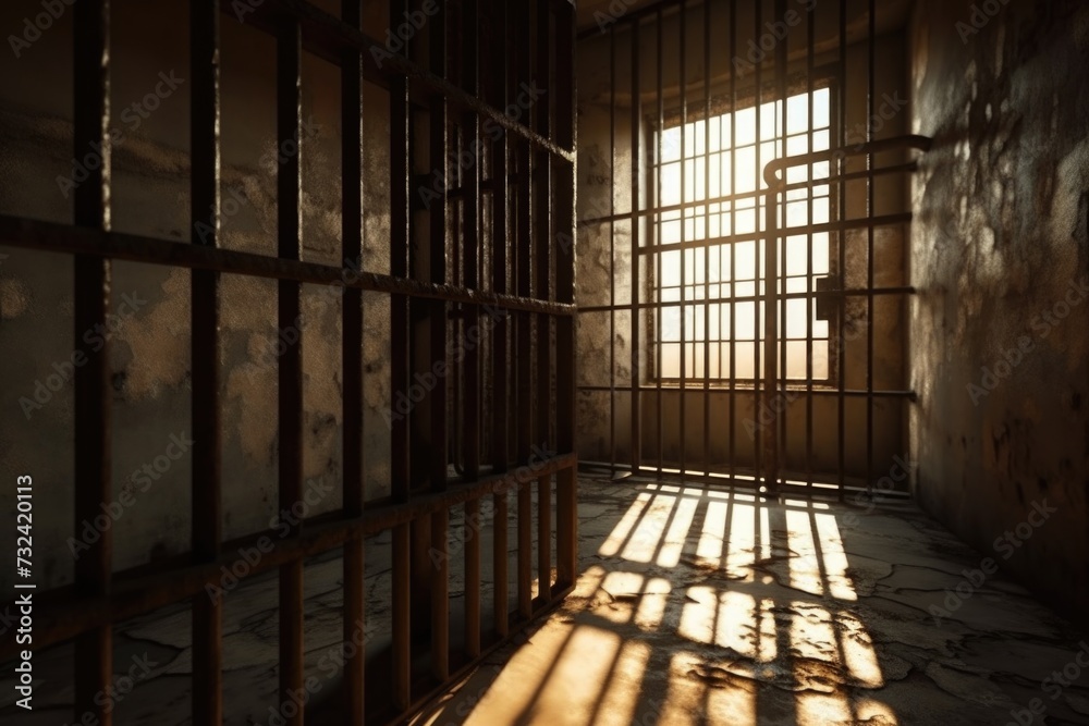 Poster a jail cell with sunlight streaming through the bars. suitable for crime-related themes or stories a