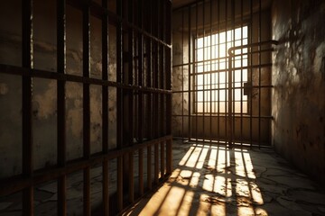A jail cell with sunlight streaming through the bars. Suitable for crime-related themes or stories about redemption.