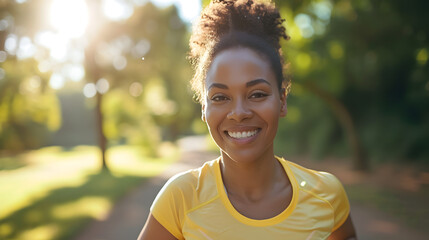 A close-up of a smiling plus-sized afro american woman enjoying a morning jog in a picturesque park, fat woman running, The concept of weight loss by spring - obrazy, fototapety, plakaty