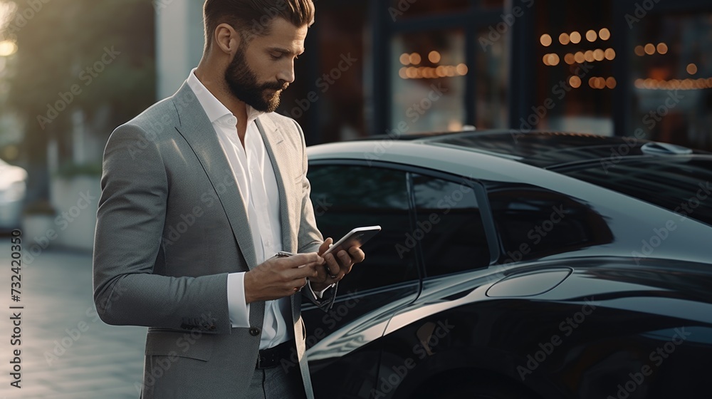 Poster a man dressed in a suit is seen looking at his cell phone. this image can be used to depict modern t