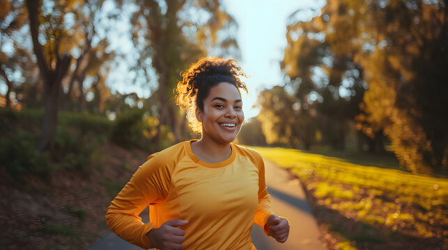 A close-up of a smiling plus-sized afro american woman enjoying a morning jog in a picturesque park, fat woman running, The concept of weight loss by spring