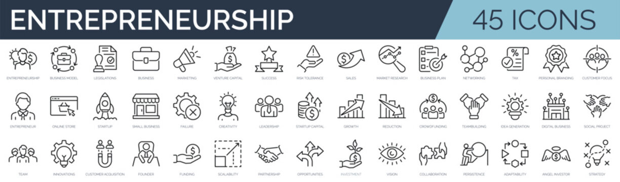 Set of 45 outline icons related to entrepreneurship. Linear icon collection. Editable stroke. Vector illustration