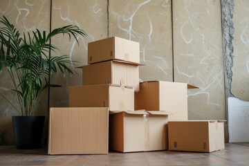 Cardboard boxes and household items in the room, a place for text